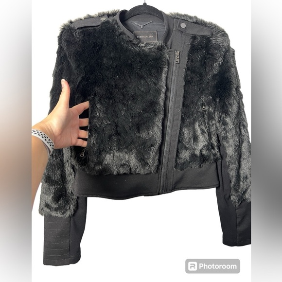 BCBG MAX AZRIA Breton Faux Fur/Leather Jacket Asymmetrical Zip, Moto Style - Picture 7 of 13